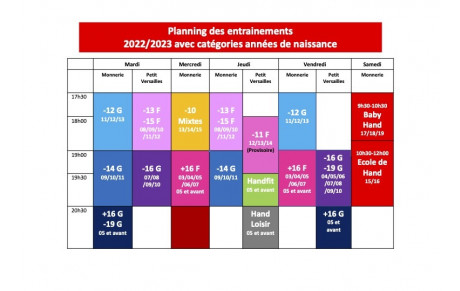 Créneaux entraînement 2022-2023 